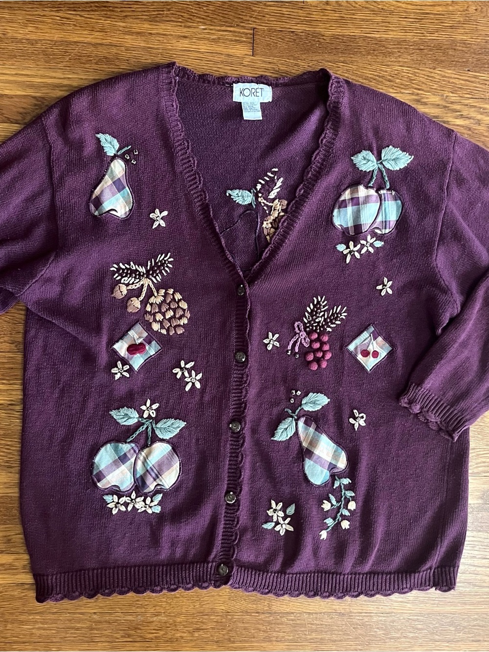 Vtg Koret 2X purple Fall cardigan sweater grandma fruit embroidered Pointelle